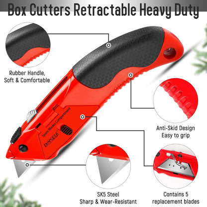 1 Pack Utility Knife Box Cutter Heavy Duty with 4 Pcs Sharp Blades | Box Cutter Retractable for Cutting Cartons, Cardboard, Boxes, Carpet, Razor Knife, Storage Space in Handle