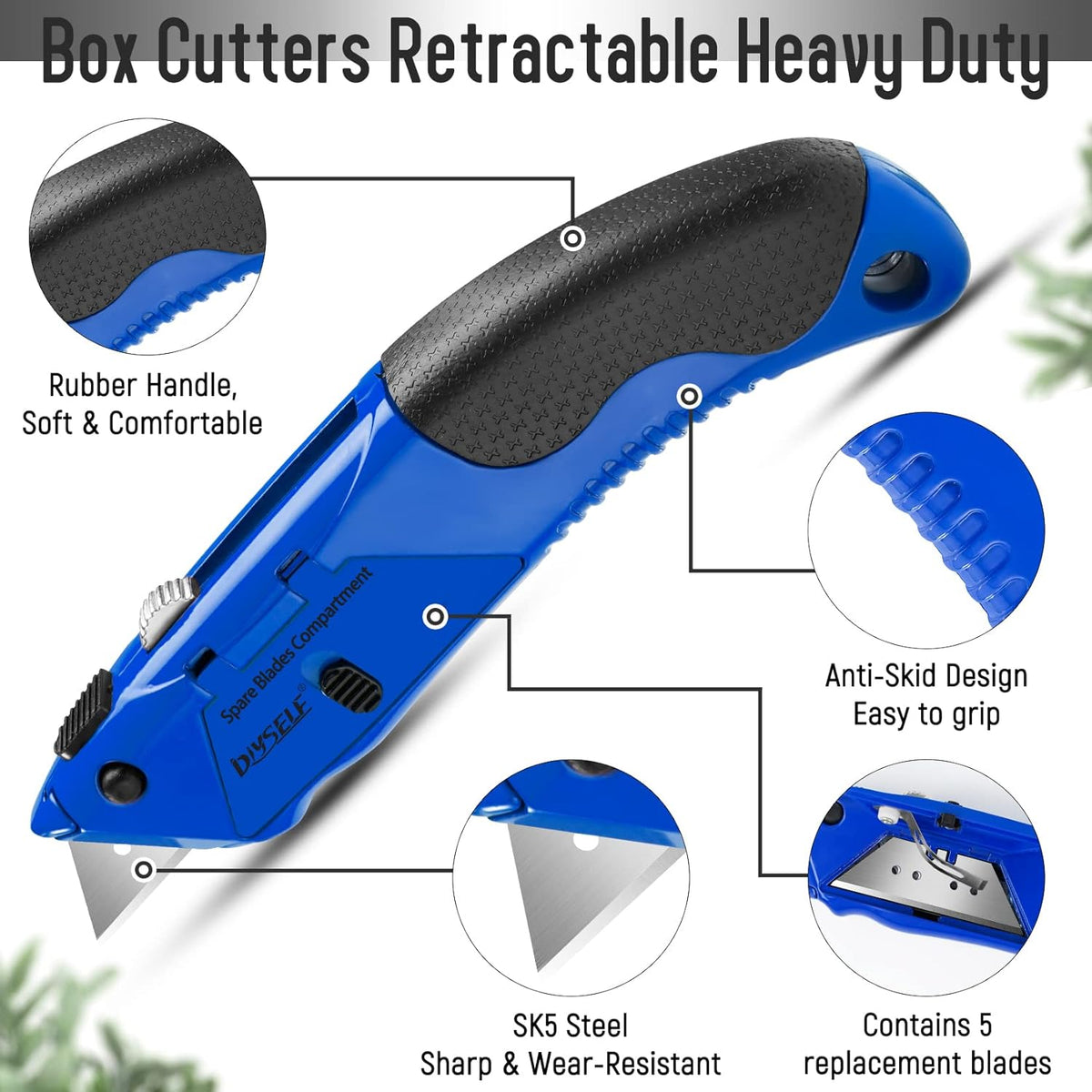 1 Pack Utility Knife Box Cutter Heavy Duty with 4 Pcs Sharp Blades | Box Cutter Retractable for Cutting Cartons, Cardboard, Boxes, Carpet, Razor Knife, Storage Space in Handle