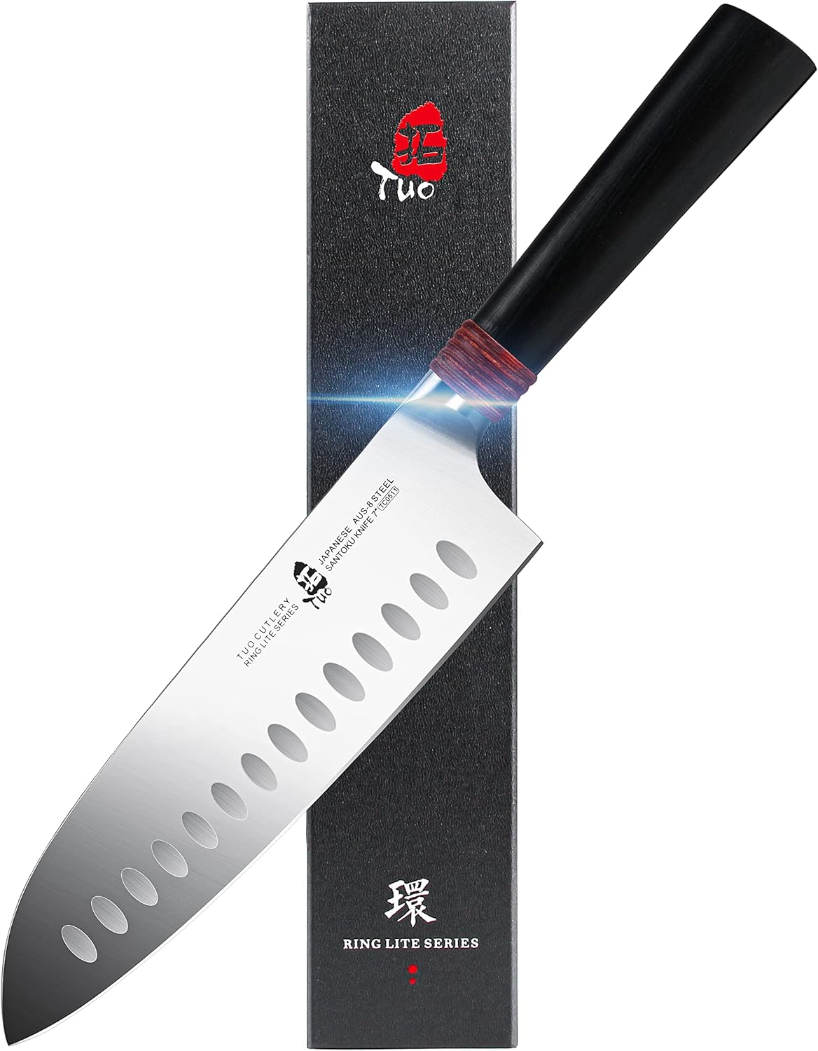 Santoku Knife Pro Asian Chef Knife 7 inch Kitchen Knife Non-stick Cooking Knife for Vegetables Fruits Meat, AUS-8 Stainless Steel with Ergonomic Handle Gift Box, Ring Lite Series