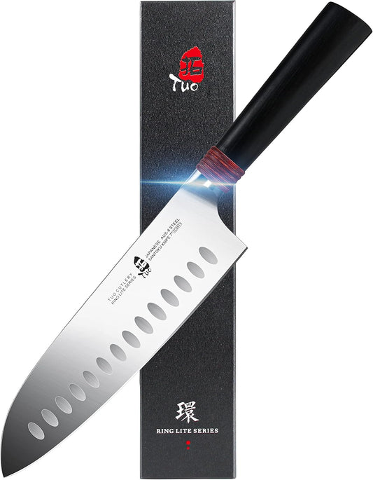 Santoku Knife Pro Asian Chef Knife 7 inch Kitchen Knife Non-stick Cooking Knife for Vegetables Fruits Meat, AUS-8 Stainless Steel with Ergonomic Handle Gift Box, Ring Lite Series