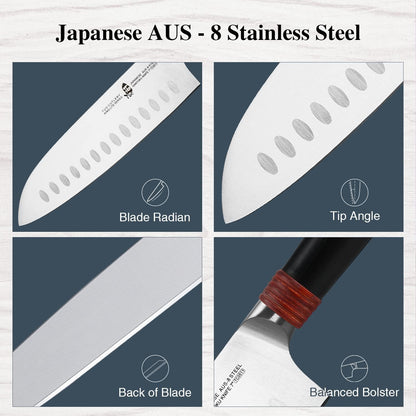 Santoku Knife Pro Asian Chef Knife 7 inch Kitchen Knife Non-stick Cooking Knife for Vegetables Fruits Meat, AUS-8 Stainless Steel with Ergonomic Handle Gift Box, Ring Lite Series