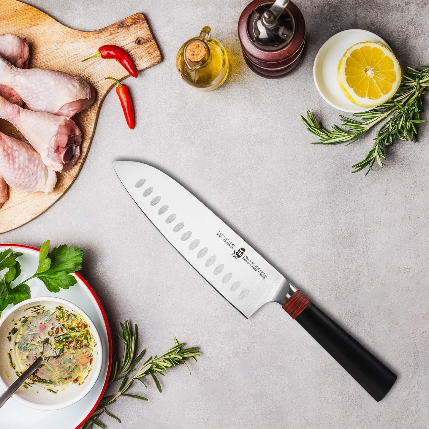 Santoku Knife Pro Asian Chef Knife 7 inch Kitchen Knife Non-stick Cooking Knife for Vegetables Fruits Meat, AUS-8 Stainless Steel with Ergonomic Handle Gift Box, Ring Lite Series