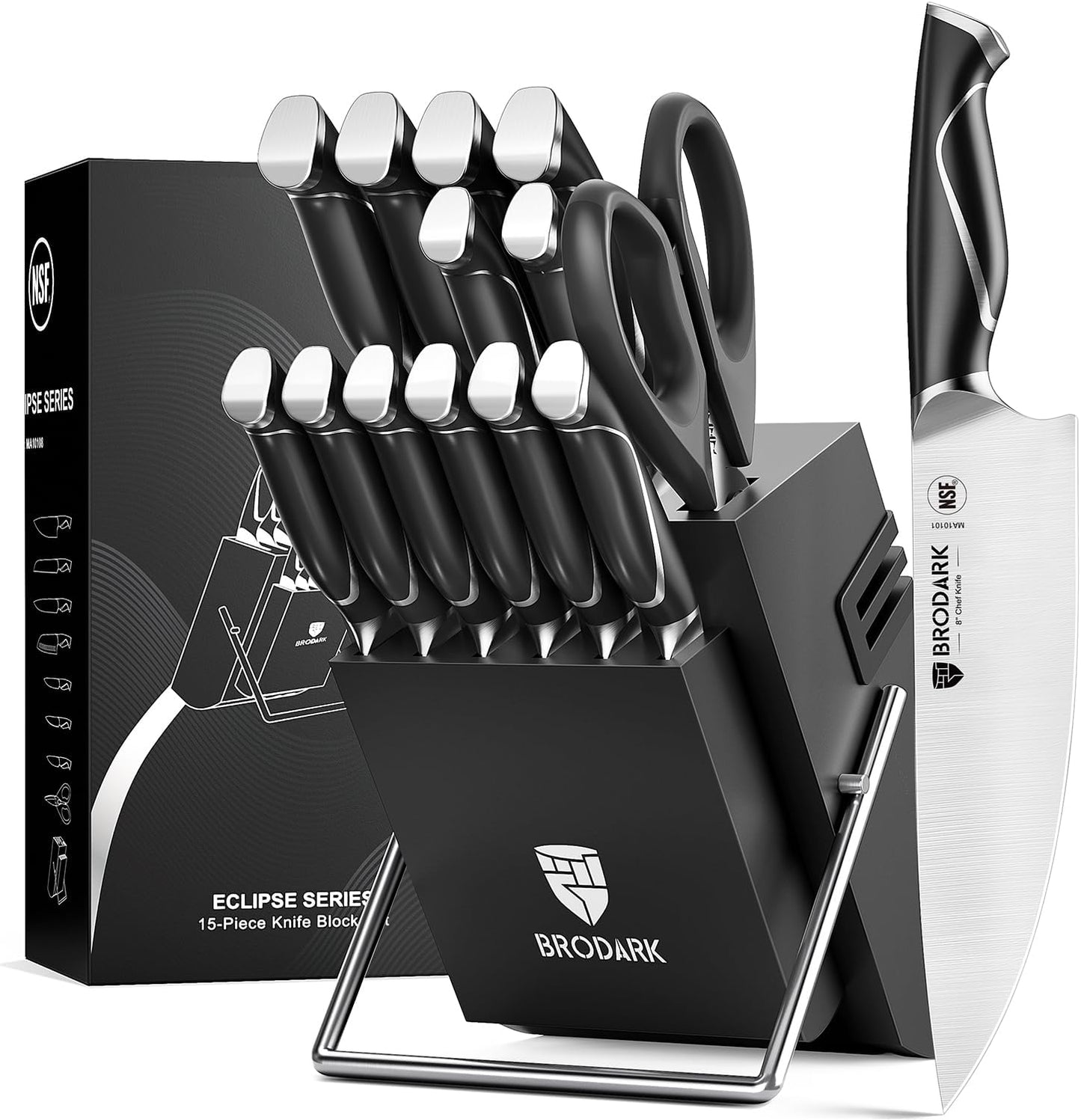 Kitchen Knife Set with Block and Sharpener, 15 Pcs Sharp Knives Set for Kitchen, Christmas, Stainless Steel Full Tang Knife Block Set, Ergonomic Handle Professional Chef Kitchen Knives Sets