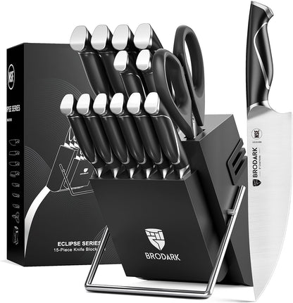 Kitchen Knife Set with Block and Sharpener, 15 Pcs Sharp Knives Set for Kitchen, Christmas, Stainless Steel Full Tang Knife Block Set, Ergonomic Handle Professional Chef Kitchen Knives Sets