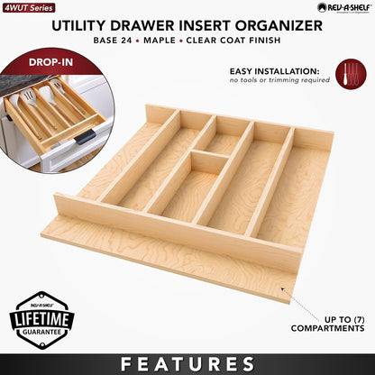 Natural Maple Right Size Utensil Insert Home Storage Kitchen Organizer 7 Compartment Drawer Accessory, 19-1/4" x 19-1/2", 4WUT-24SH-1