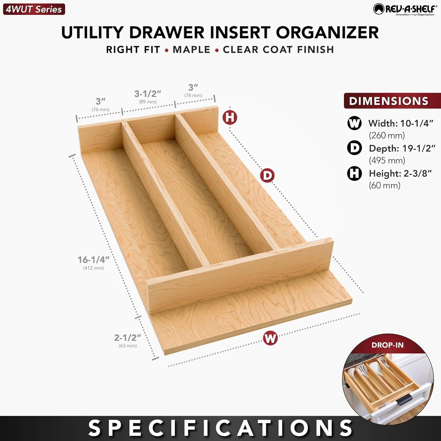 Natural Maple Right Size Utensil Insert Home Storage Kitchen Organizer 7 Compartment Drawer Accessory, 19-1/4" x 19-1/2", 4WUT-24SH-1