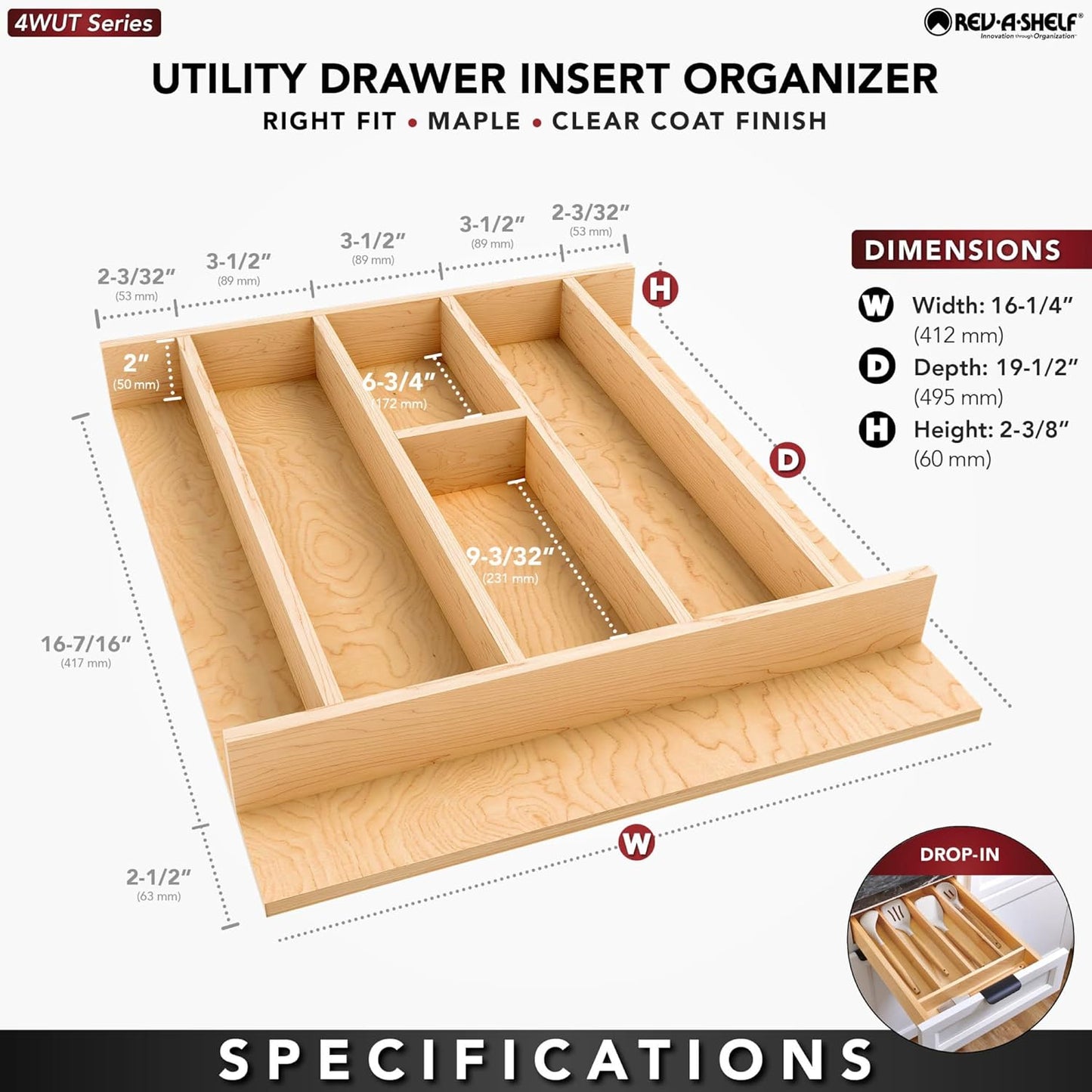 Natural Maple Right Size Utensil Insert Home Storage Kitchen Organizer 7 Compartment Drawer Accessory, 19-1/4" x 19-1/2", 4WUT-24SH-1