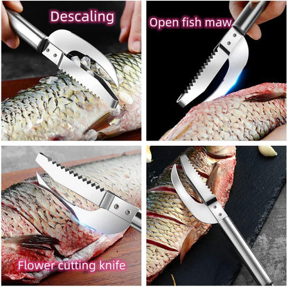 Fish Scale Knife Cut Scrape Dig 3-in-1Tool, Stainless Steel Peelers Scraping Boning Filleting Stainless Steel Shrimp Whisker Peeler Tool, 5 in 1 Multifunctional Shrimp Line Fish Maw Knife 2Pack