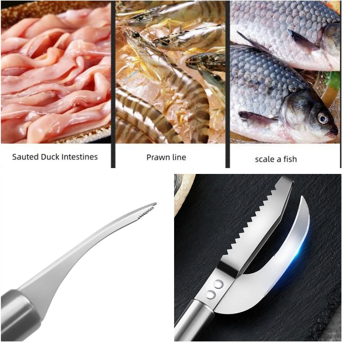 Fish Scale Knife Cut Scrape Dig 3-in-1Tool, Stainless Steel Peelers Scraping Boning Filleting Stainless Steel Shrimp Whisker Peeler Tool, 5 in 1 Multifunctional Shrimp Line Fish Maw Knife 2Pack