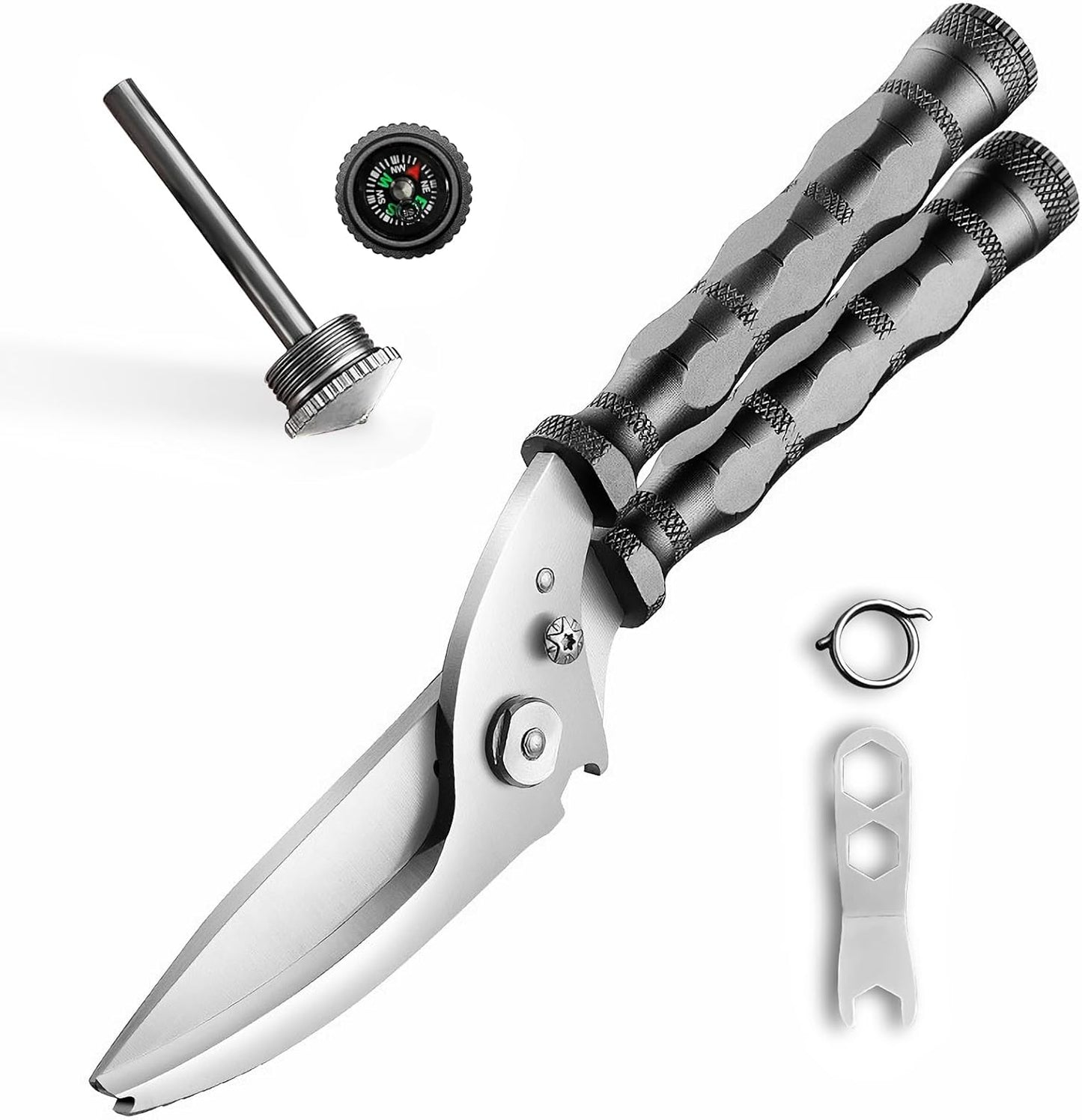 Multi-Purpose Outdoor Scissors, Stainless Steel Blade with Aluminum Handle, Fish scale scraper, Bottle Opener, Fire Starter, Detachable Meat Slicing Knife, Portable Camping Gear (Grey)
