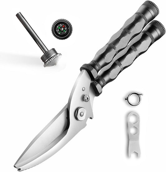Multi-Purpose Outdoor Scissors, Stainless Steel Blade with Aluminum Handle, Fish scale scraper, Bottle Opener, Fire Starter, Detachable Meat Slicing Knife, Portable Camping Gear (Grey)