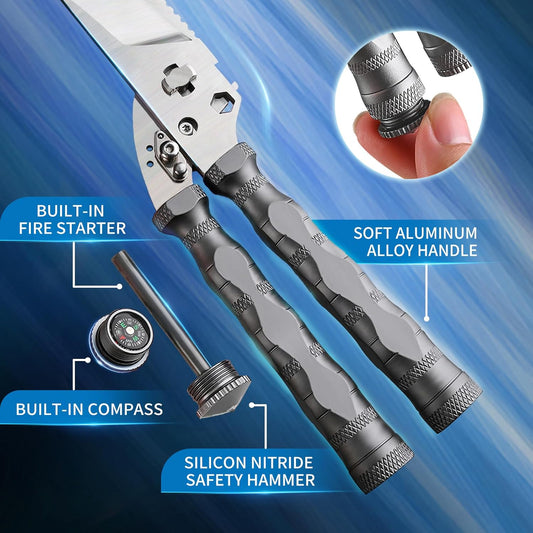 Multi-Purpose Outdoor Scissors, Stainless Steel Blade with Aluminum Handle, Fish scale scraper, Bottle Opener, Fire Starter, Detachable Meat Slicing Knife, Portable Camping Gear (Grey)