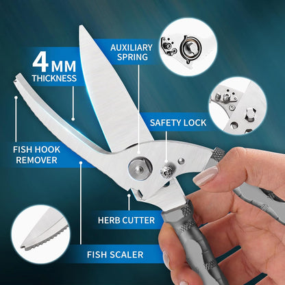 Multi-Purpose Outdoor Scissors, Stainless Steel Blade with Aluminum Handle, Fish scale scraper, Bottle Opener, Fire Starter, Detachable Meat Slicing Knife, Portable Camping Gear (Grey)