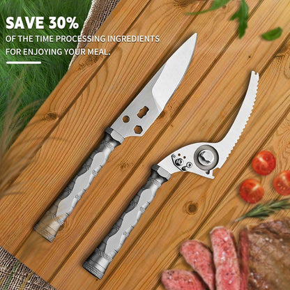 Multi-Purpose Outdoor Scissors, Stainless Steel Blade with Aluminum Handle, Fish scale scraper, Bottle Opener, Fire Starter, Detachable Meat Slicing Knife, Portable Camping Gear (Grey)