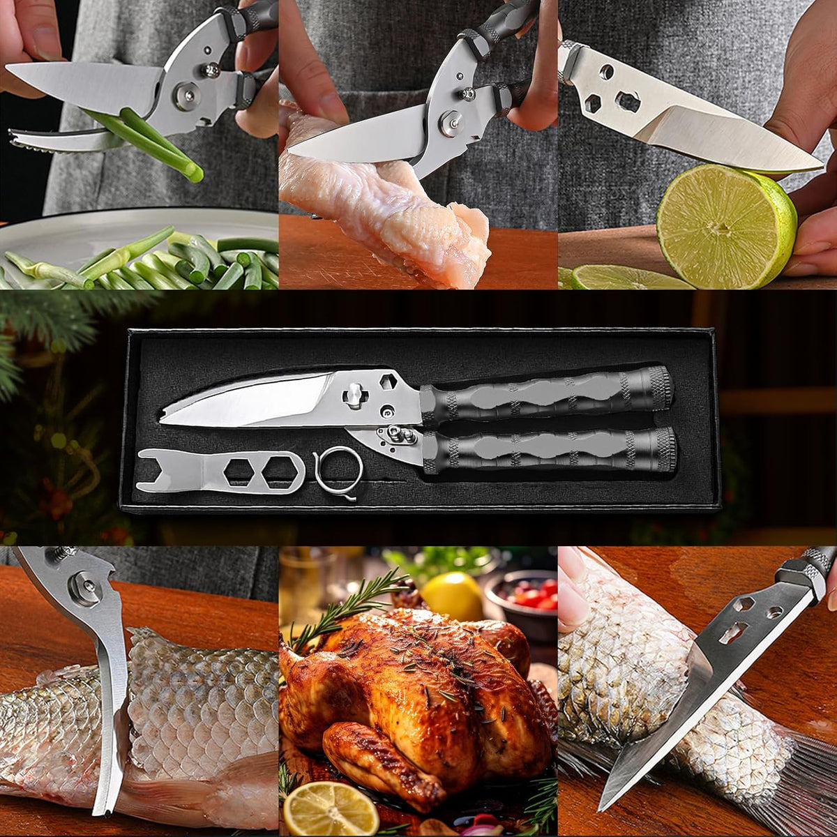 Multi-Purpose Outdoor Scissors, Stainless Steel Blade with Aluminum Handle, Fish scale scraper, Bottle Opener, Fire Starter, Detachable Meat Slicing Knife, Portable Camping Gear (Grey)