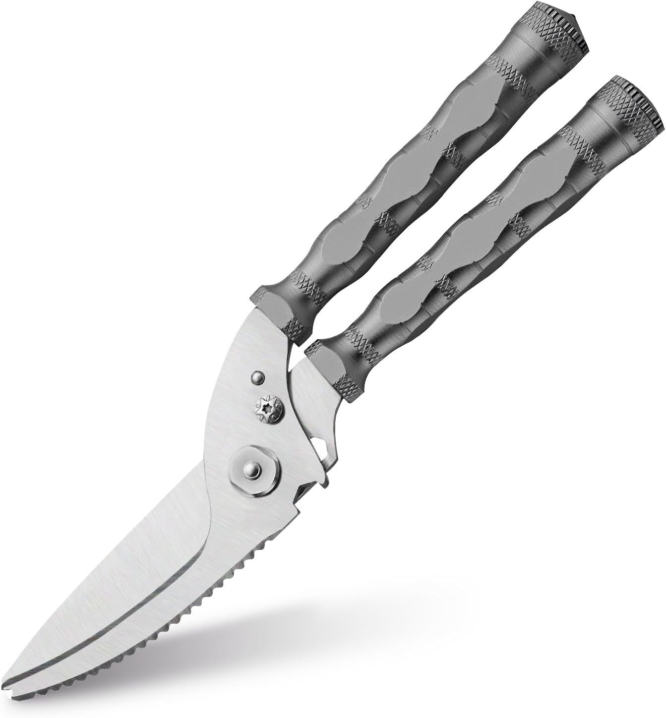 Multi-Purpose Outdoor Scissors, Stainless Steel Blade with Aluminum Handle, Fish scale scraper, Bottle Opener, Fire Starter, Detachable Meat Slicing Knife, Portable Camping Gear (Grey)
