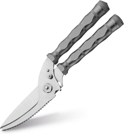 Multi-Purpose Outdoor Scissors, Stainless Steel Blade with Aluminum Handle, Fish scale scraper, Bottle Opener, Fire Starter, Detachable Meat Slicing Knife, Portable Camping Gear (Grey)
