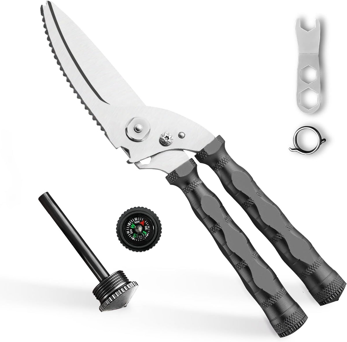 Multi-Purpose Outdoor Scissors, Stainless Steel Blade with Aluminum Handle, Fish scale scraper, Bottle Opener, Fire Starter, Detachable Meat Slicing Knife, Portable Camping Gear (Grey)