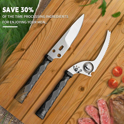 Multi-Purpose Outdoor Scissors, Stainless Steel Blade with Aluminum Handle, Fish scale scraper, Bottle Opener, Fire Starter, Detachable Meat Slicing Knife, Portable Camping Gear (Grey)
