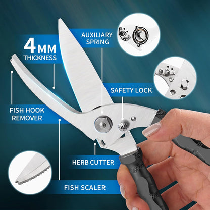 Multi-Purpose Outdoor Scissors, Stainless Steel Blade with Aluminum Handle, Fish scale scraper, Bottle Opener, Fire Starter, Detachable Meat Slicing Knife, Portable Camping Gear (Grey)
