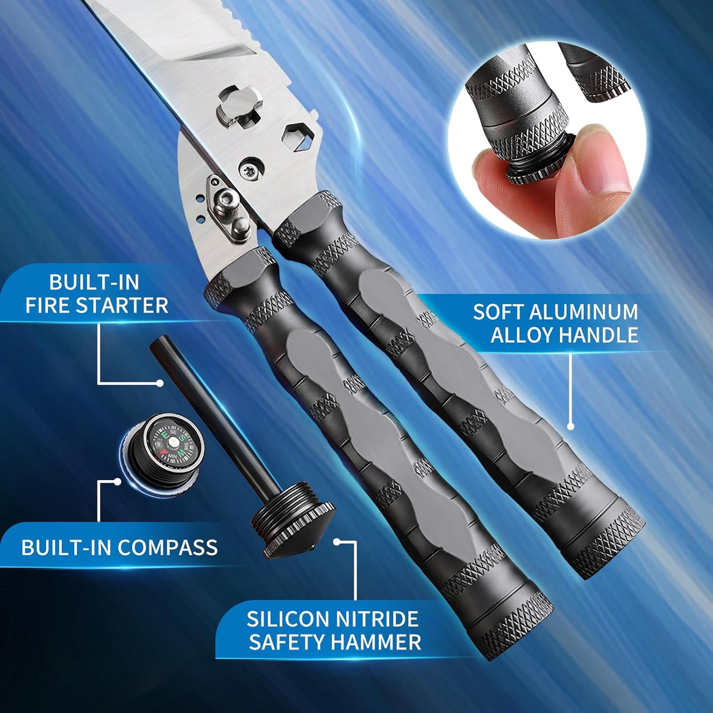 Multi-Purpose Outdoor Scissors, Stainless Steel Blade with Aluminum Handle, Fish scale scraper, Bottle Opener, Fire Starter, Detachable Meat Slicing Knife, Portable Camping Gear (Grey)