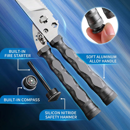 Multi-Purpose Outdoor Scissors, Stainless Steel Blade with Aluminum Handle, Fish scale scraper, Bottle Opener, Fire Starter, Detachable Meat Slicing Knife, Portable Camping Gear (Grey)