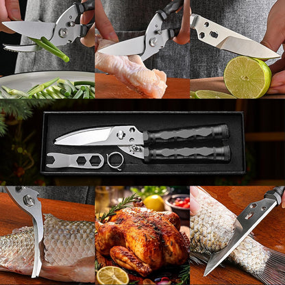 Multi-Purpose Outdoor Scissors, Stainless Steel Blade with Aluminum Handle, Fish scale scraper, Bottle Opener, Fire Starter, Detachable Meat Slicing Knife, Portable Camping Gear (Grey)