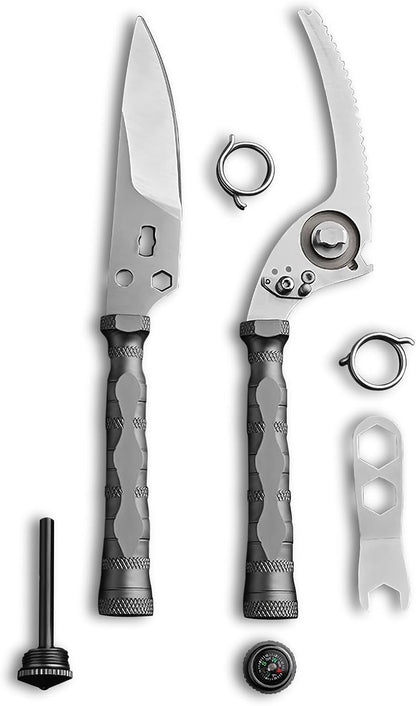 Multi-Purpose Outdoor Scissors, Stainless Steel Blade with Aluminum Handle, Fish scale scraper, Bottle Opener, Fire Starter, Detachable Meat Slicing Knife, Portable Camping Gear (Grey)