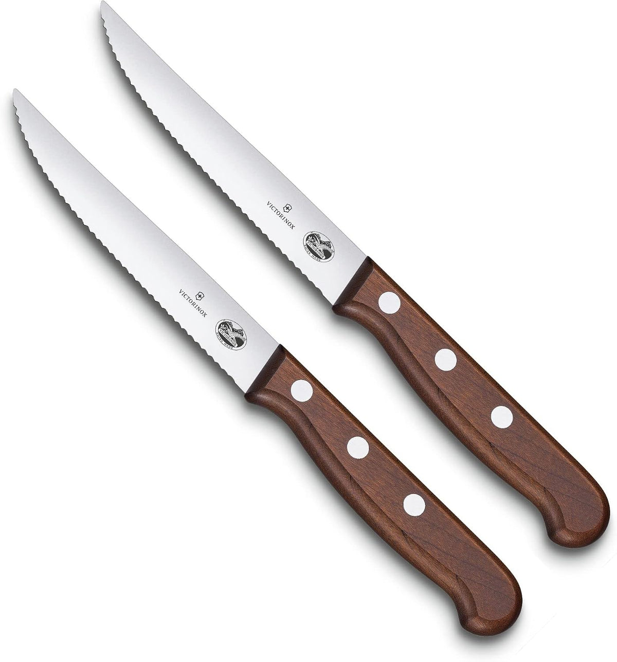 Wood 2-Piece 4.75 In Serrated Steak Knife Set, Spear Point | Elegant high-carbon stainless steel blades with ergonomic rosewood handles, Swiss-made for precision meat cutting