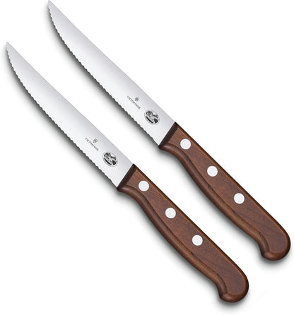 Wood 2-Piece 4.75 In Serrated Steak Knife Set, Spear Point | Elegant high-carbon stainless steel blades with ergonomic rosewood handles, Swiss-made for precision meat cutting