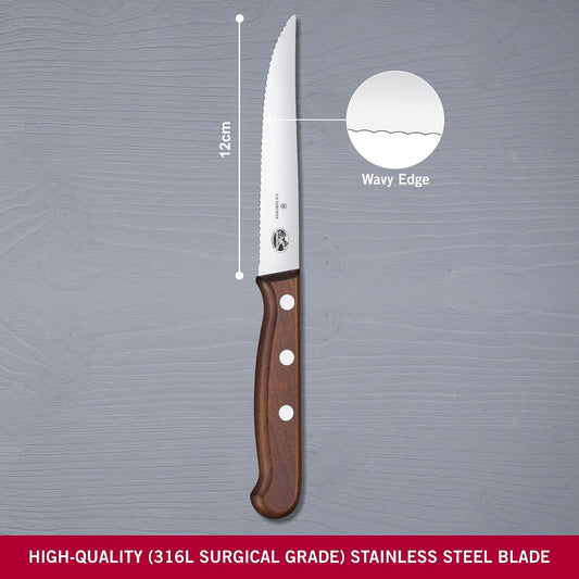 Wood 2-Piece 4.75 In Serrated Steak Knife Set, Spear Point | Elegant high-carbon stainless steel blades with ergonomic rosewood handles, Swiss-made for precision meat cutting