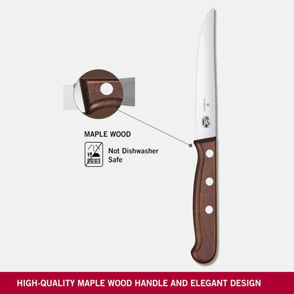 Wood 2-Piece 4.75 In Serrated Steak Knife Set, Spear Point | Elegant high-carbon stainless steel blades with ergonomic rosewood handles, Swiss-made for precision meat cutting