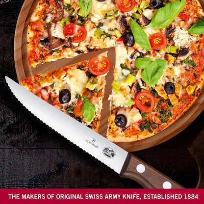 Wood 2-Piece 4.75 In Serrated Steak Knife Set, Spear Point | Elegant high-carbon stainless steel blades with ergonomic rosewood handles, Swiss-made for precision meat cutting