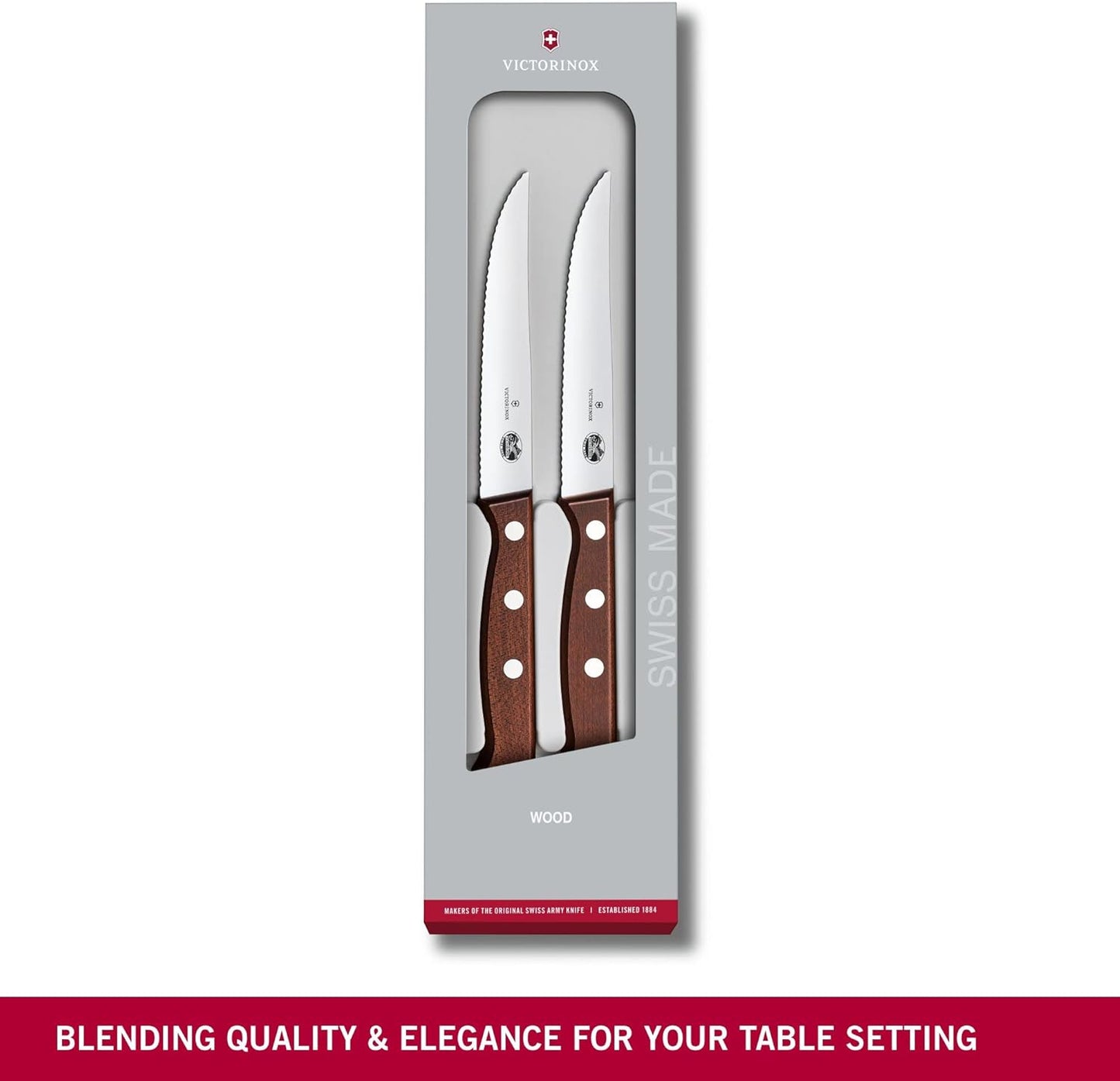 Wood 2-Piece 4.75 In Serrated Steak Knife Set, Spear Point | Elegant high-carbon stainless steel blades with ergonomic rosewood handles, Swiss-made for precision meat cutting