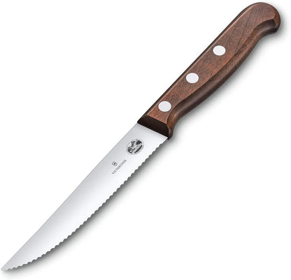 Wood 2-Piece 4.75 In Serrated Steak Knife Set, Spear Point | Elegant high-carbon stainless steel blades with ergonomic rosewood handles, Swiss-made for precision meat cutting
