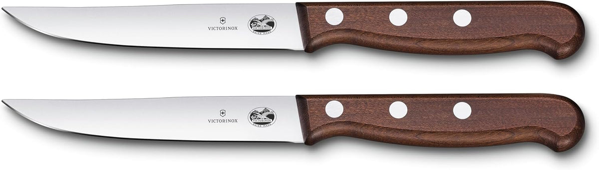 Wood 2-Piece 4.75 In Serrated Steak Knife Set, Spear Point | Elegant high-carbon stainless steel blades with ergonomic rosewood handles, Swiss-made for precision meat cutting