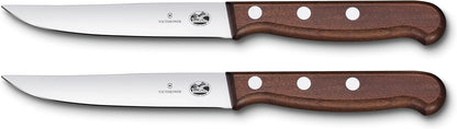 Wood 2-Piece 4.75 In Serrated Steak Knife Set, Spear Point | Elegant high-carbon stainless steel blades with ergonomic rosewood handles, Swiss-made for precision meat cutting