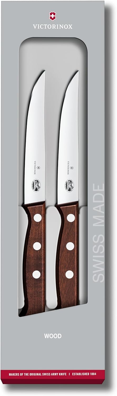 Wood 2-Piece 4.75 In Serrated Steak Knife Set, Spear Point | Elegant high-carbon stainless steel blades with ergonomic rosewood handles, Swiss-made for precision meat cutting