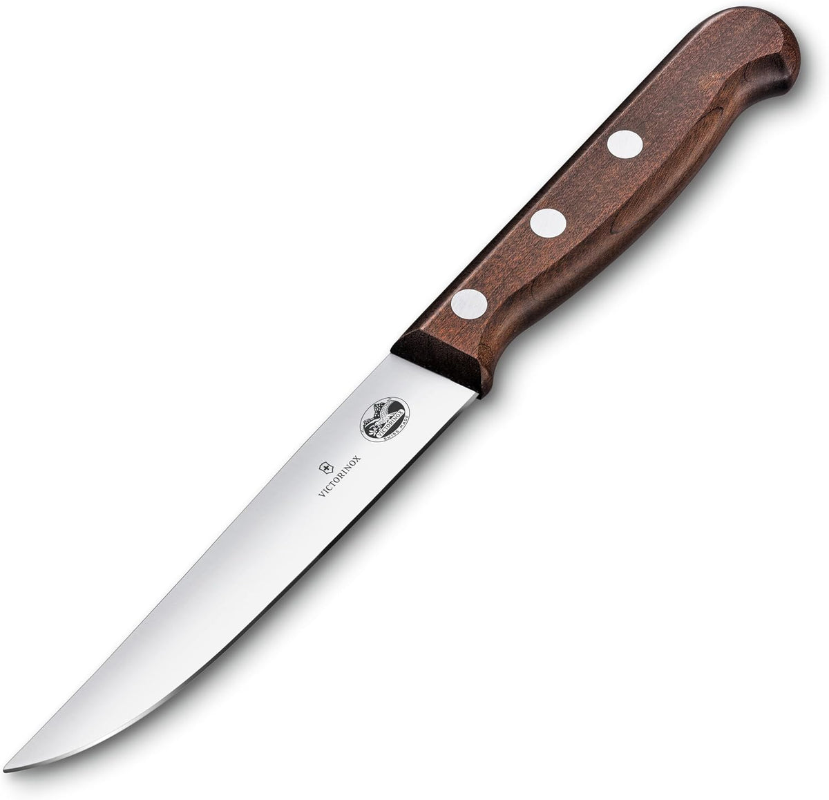 Wood 2-Piece 4.75 In Serrated Steak Knife Set, Spear Point | Elegant high-carbon stainless steel blades with ergonomic rosewood handles, Swiss-made for precision meat cutting