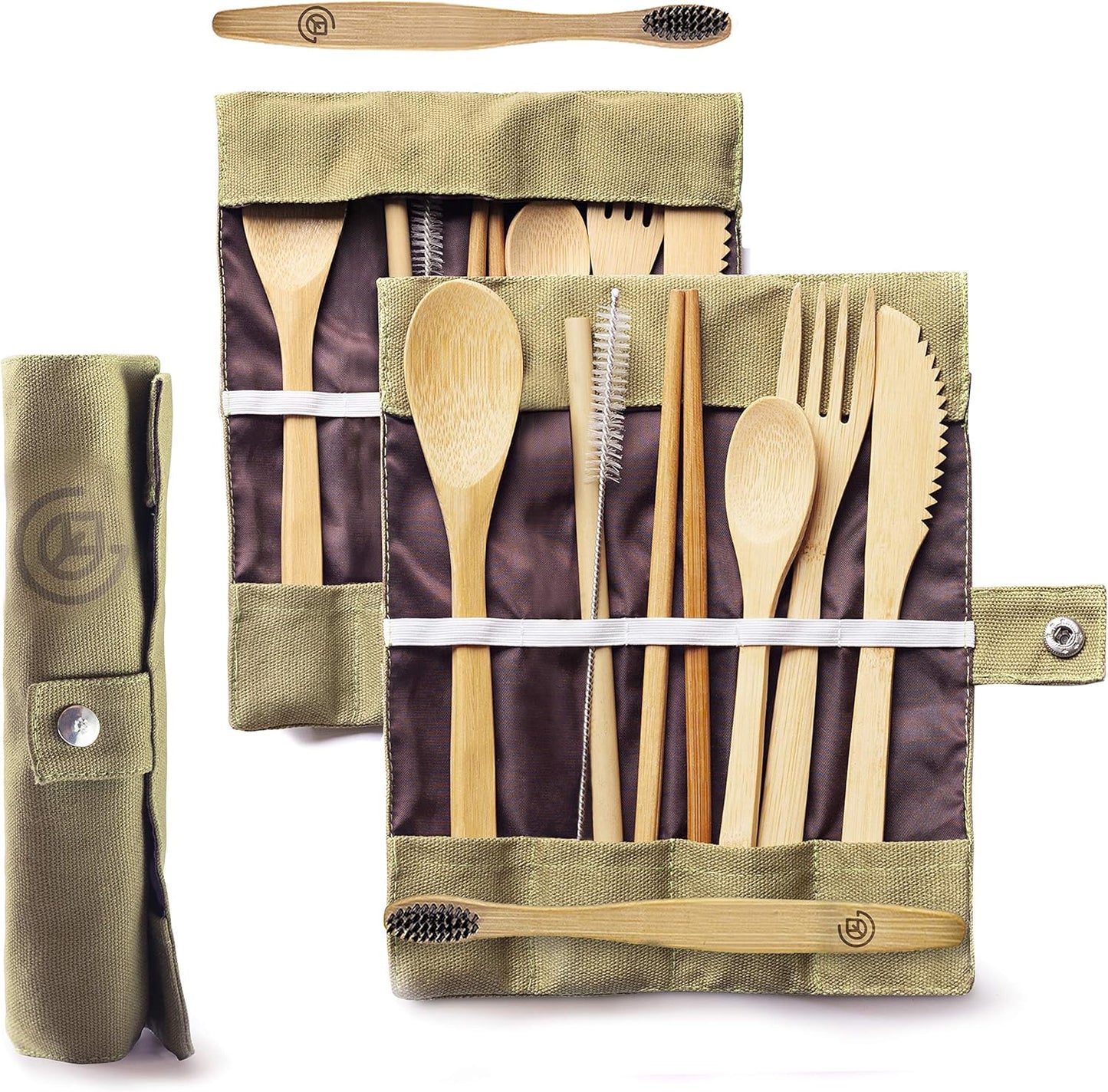 Bamboo Travel Utensil Set | Double Pack | 2 Canvas Bags | Fork, knife, spoon, teaspoon, chopsticks, straw & charcoal toothbrush | 2 full sets included
