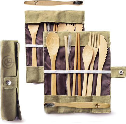 Bamboo Travel Utensil Set | Double Pack | 2 Canvas Bags | Fork, knife, spoon, teaspoon, chopsticks, straw & charcoal toothbrush | 2 full sets included