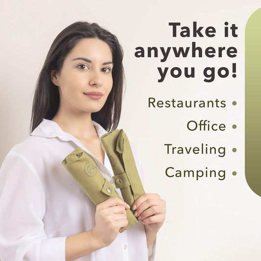 Bamboo Travel Utensil Set | Double Pack | 2 Canvas Bags | Fork, knife, spoon, teaspoon, chopsticks, straw & charcoal toothbrush | 2 full sets included