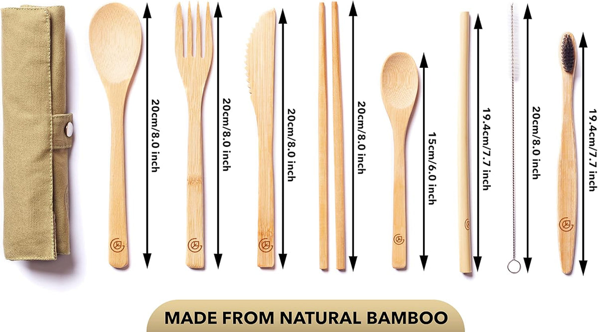Bamboo Travel Utensil Set | Double Pack | 2 Canvas Bags | Fork, knife, spoon, teaspoon, chopsticks, straw & charcoal toothbrush | 2 full sets included