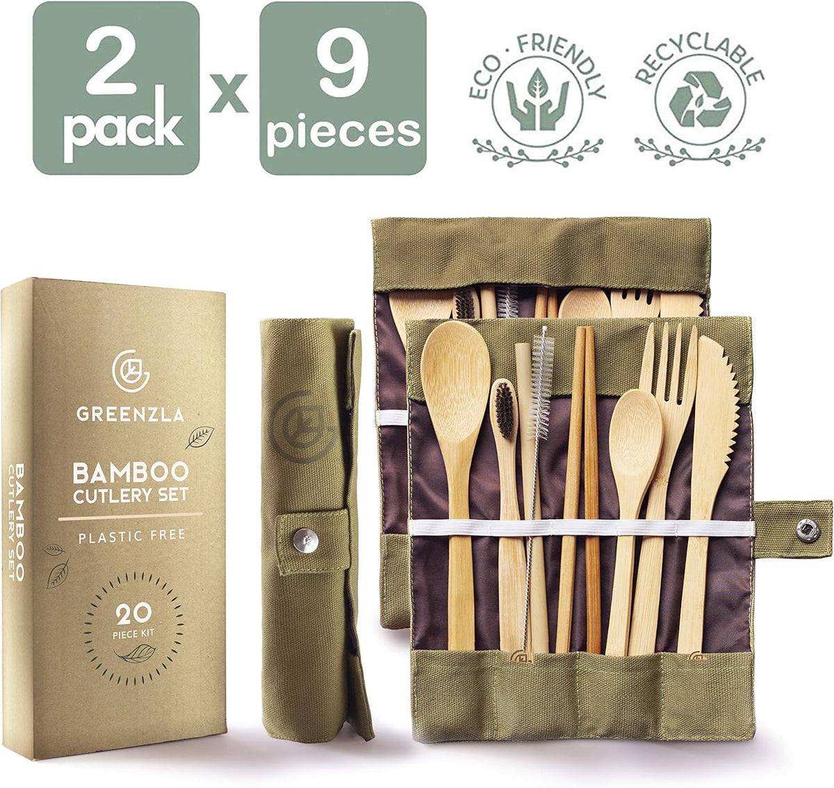 Bamboo Travel Utensil Set | Double Pack | 2 Canvas Bags | Fork, knife, spoon, teaspoon, chopsticks, straw & charcoal toothbrush | 2 full sets included