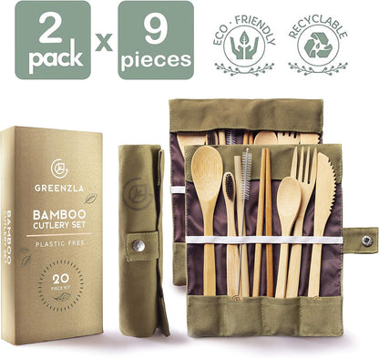 Bamboo Travel Utensil Set | Double Pack | 2 Canvas Bags | Fork, knife, spoon, teaspoon, chopsticks, straw & charcoal toothbrush | 2 full sets included