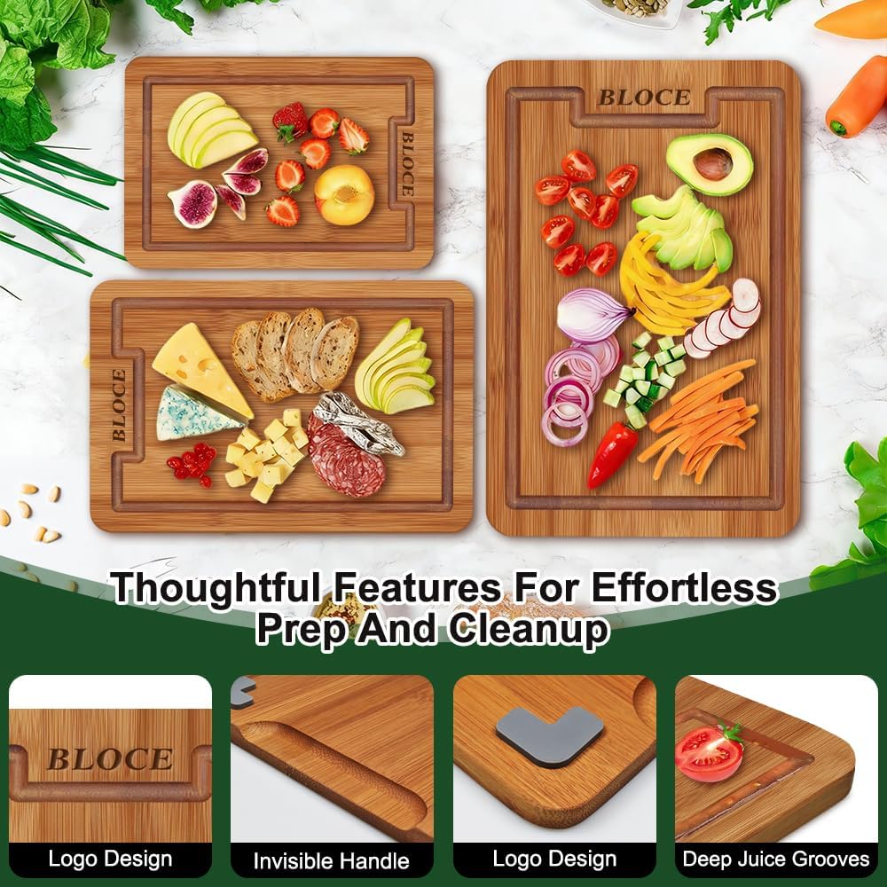 Wooden Cutting Boards for Kitchen, Bamboo Cutting Board Non Toxic | Wood Cutting Board Set, Charcuterie & Chopping Board, Kitchen Gadgets