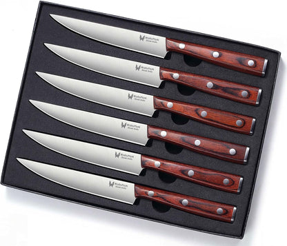 Steak Knives Set of 6 - Ultra Sharp Easy to Hold - Full Tang Wood Handle High Carbon Stainless Steel, Straight Edge Non Serrated - 5'' Kitchen Dinner Knife Cutlery Set in Gift Box