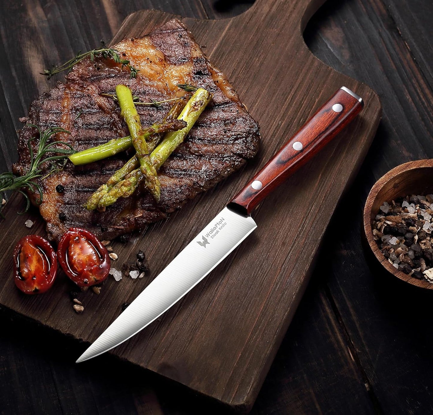 Steak Knives Set of 6 - Ultra Sharp Easy to Hold - Full Tang Wood Handle High Carbon Stainless Steel, Straight Edge Non Serrated - 5'' Kitchen Dinner Knife Cutlery Set in Gift Box
