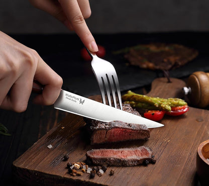 Steak Knives Set of 6 - Ultra Sharp Easy to Hold - Full Tang Wood Handle High Carbon Stainless Steel, Straight Edge Non Serrated - 5'' Kitchen Dinner Knife Cutlery Set in Gift Box