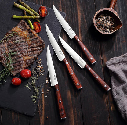 Steak Knives Set of 6 - Ultra Sharp Easy to Hold - Full Tang Wood Handle High Carbon Stainless Steel, Straight Edge Non Serrated - 5'' Kitchen Dinner Knife Cutlery Set in Gift Box